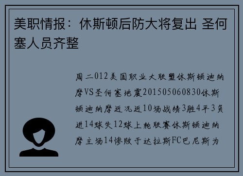 美职情报：休斯顿后防大将复出 圣何塞人员齐整