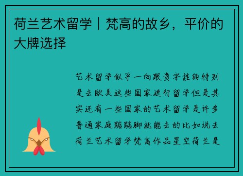 荷兰艺术留学｜梵高的故乡，平价的大牌选择