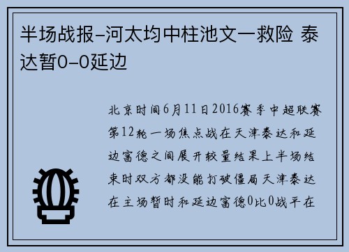 半场战报-河太均中柱池文一救险 泰达暂0-0延边